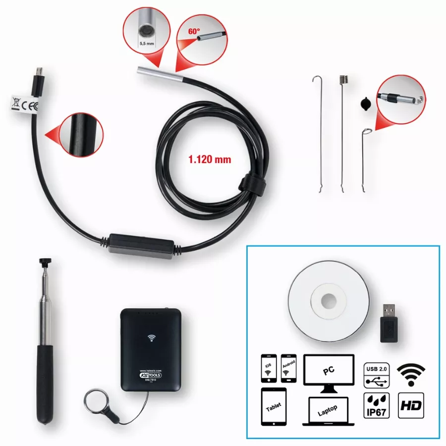 Vidéoscope Wifi Avec Sonde Ø5,5 Mm 0°HD KS TOOLS 8 Pièces - 550.7510 3 Vidéoscope Wifi Avec Sonde Ø5,5 Mm 0°HD KS TOOLS 8 Pièces - 550.7510